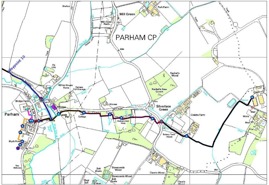 The route follows field boundaries at the rear of properties UK parham