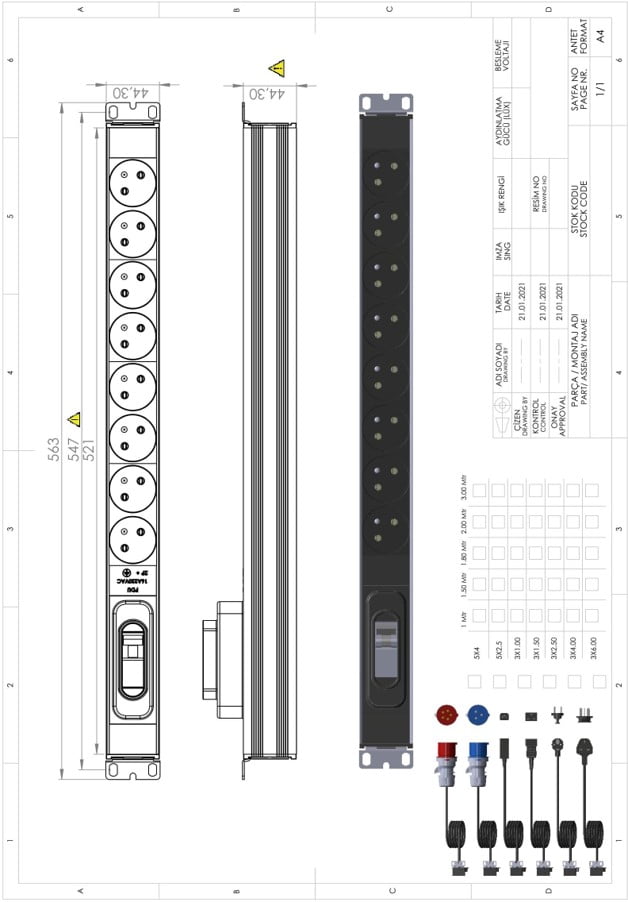 Technical drawing of UP-FR-PDU-CB-1U-8P-VL