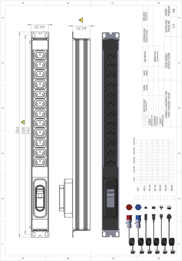 Technical drawing of UP-IEC13-PDU-CB-1U-12P-VL