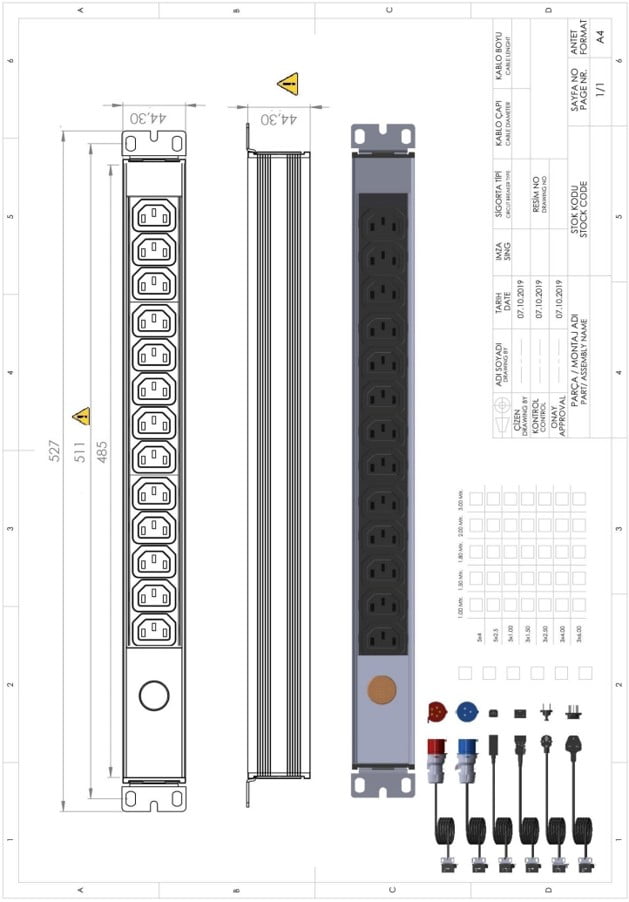 Technical drawing of UP-MTR-PDU-1U-12P-C13