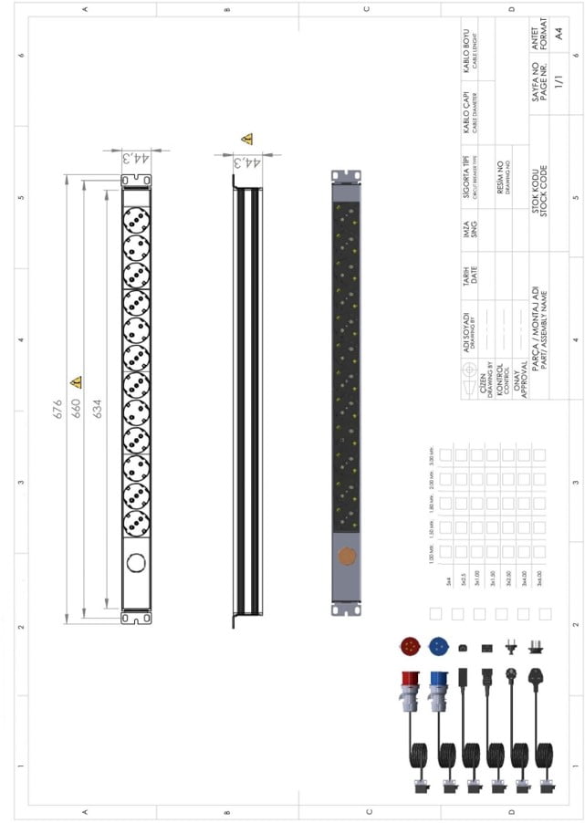 Technical drawing of UP-MTR-PDU-1U-12P-SC-VL