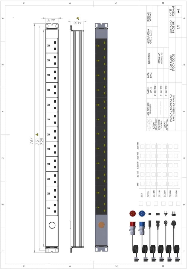 Technical drawing of UP-MTR-PDU-1U-12P-UK