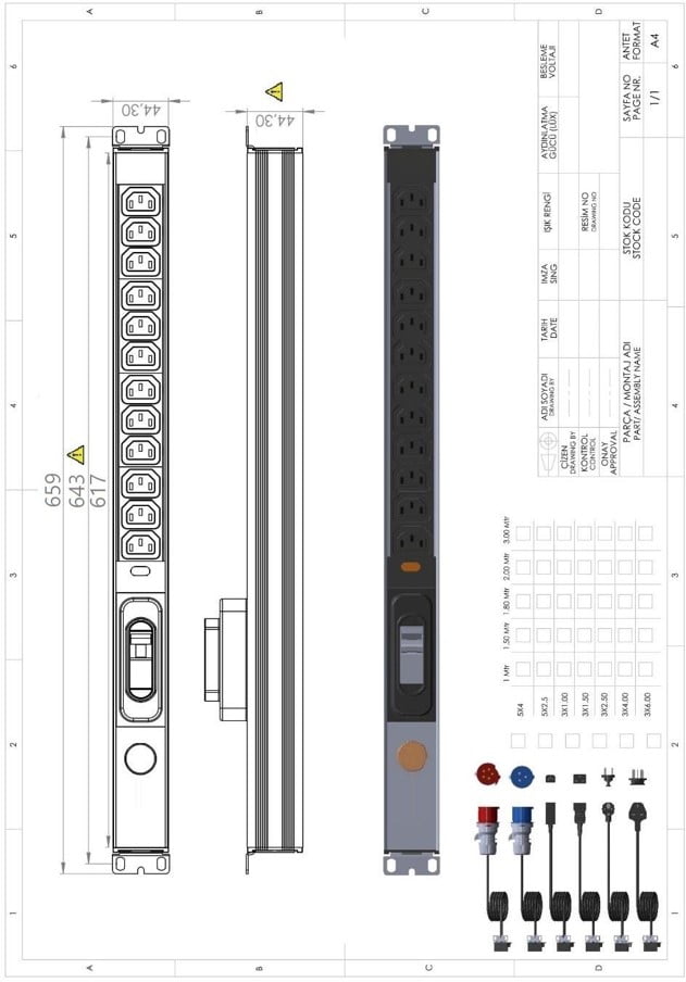 Technical drawing of UP-PRT-PDU-1U-12XC13-16A-CB-VL