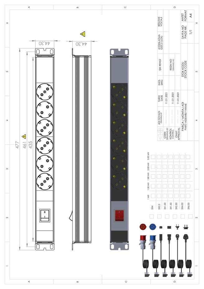 Technical drawing of UP-SC-PDU-19IN-OF-1U-6P