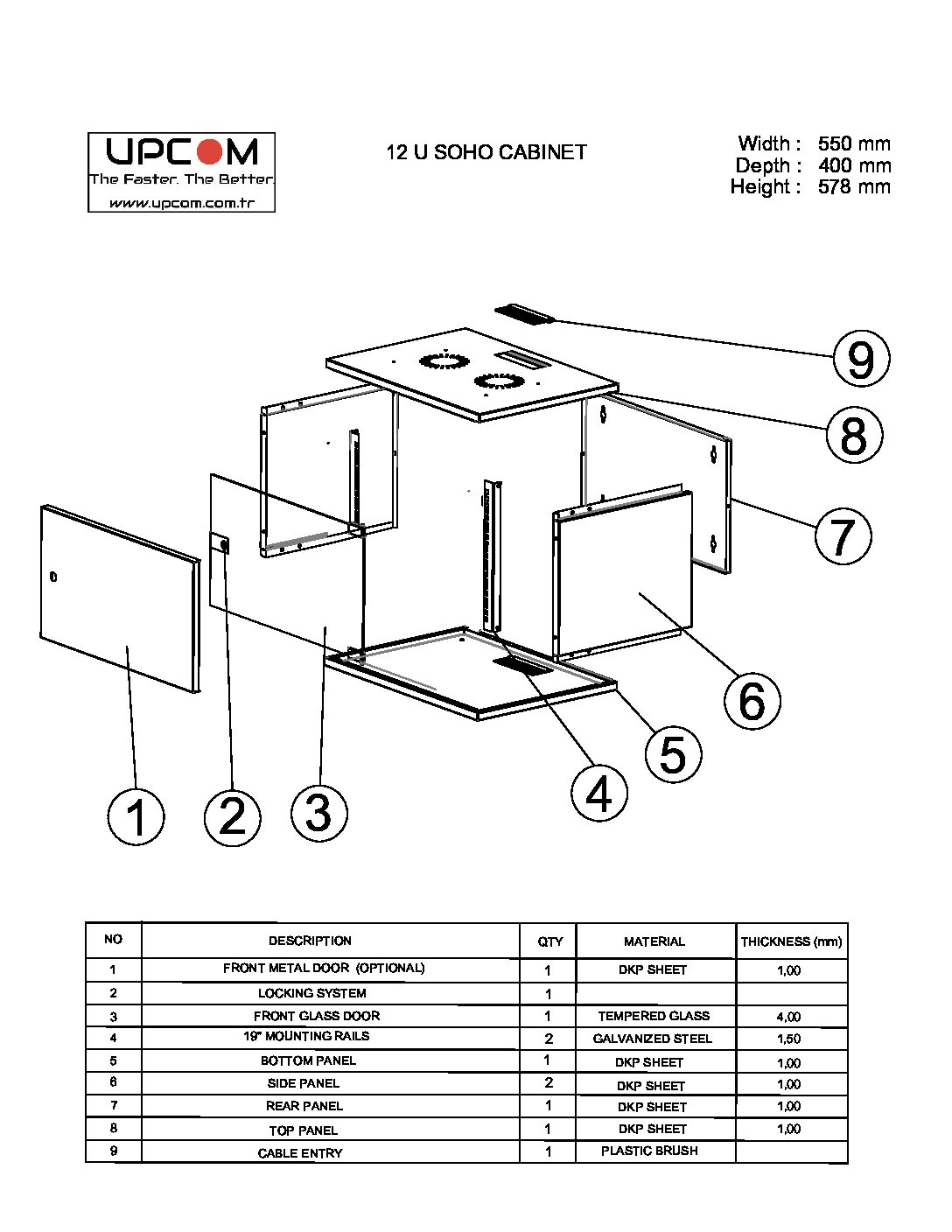 12U 550x400 wall mount rack cabinet technical drawing