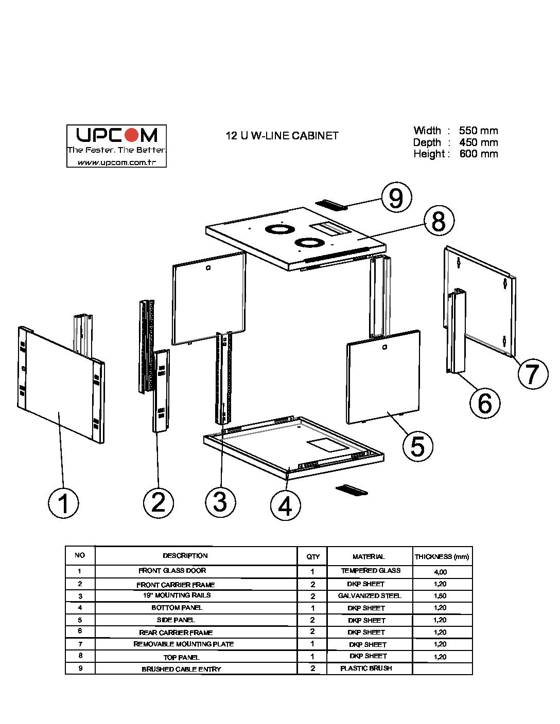 12U 550x450 wall mount rack cabinet technical drawing