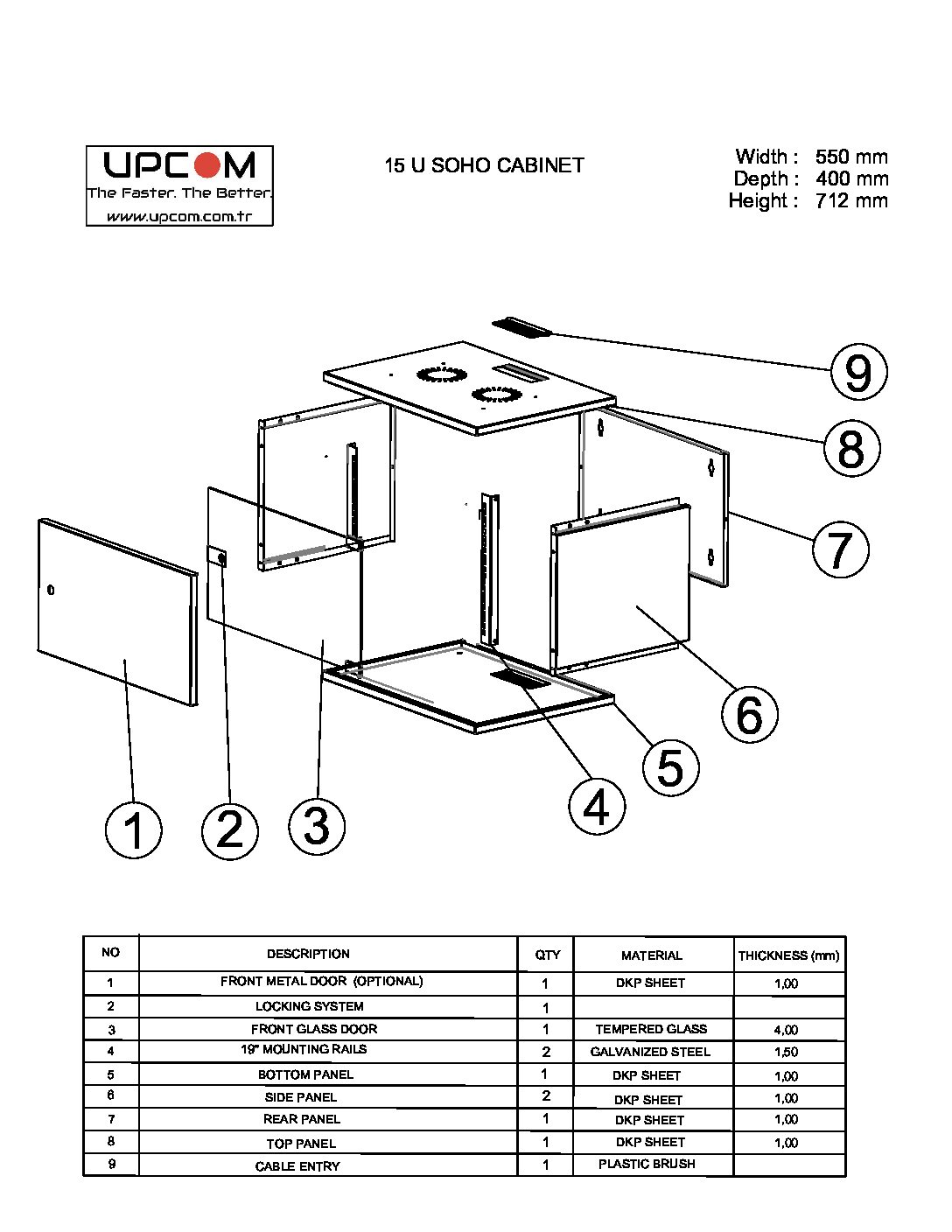 15U 550x400 wall mount rack cabinet technical drawing