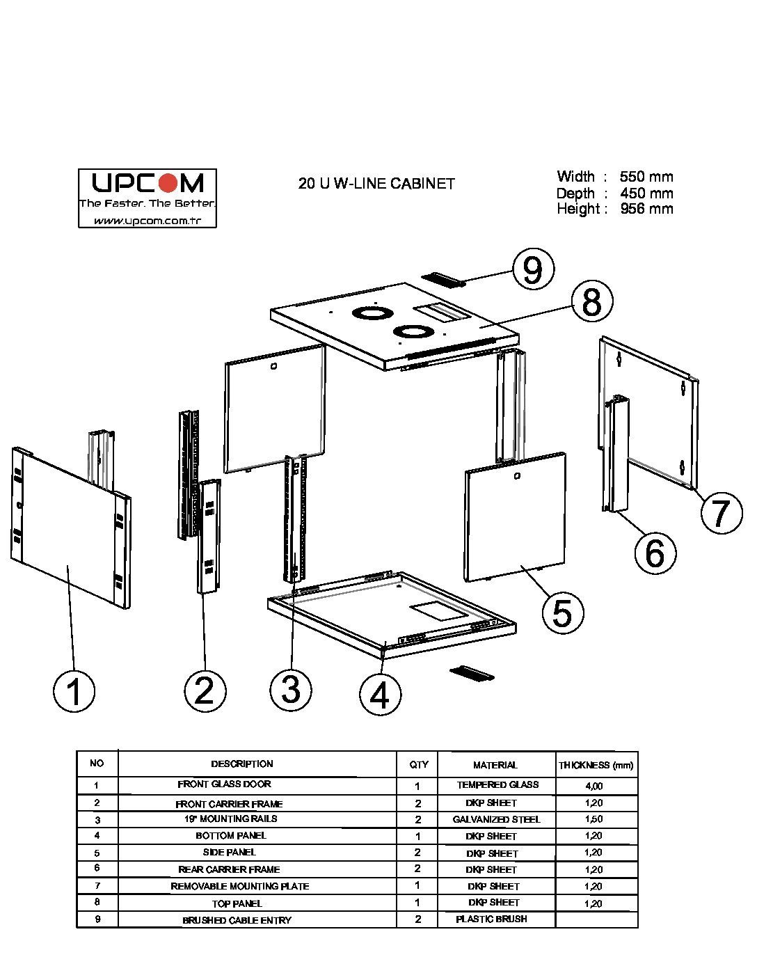 20U 550x450 wall mount rack cabinet technical drawing