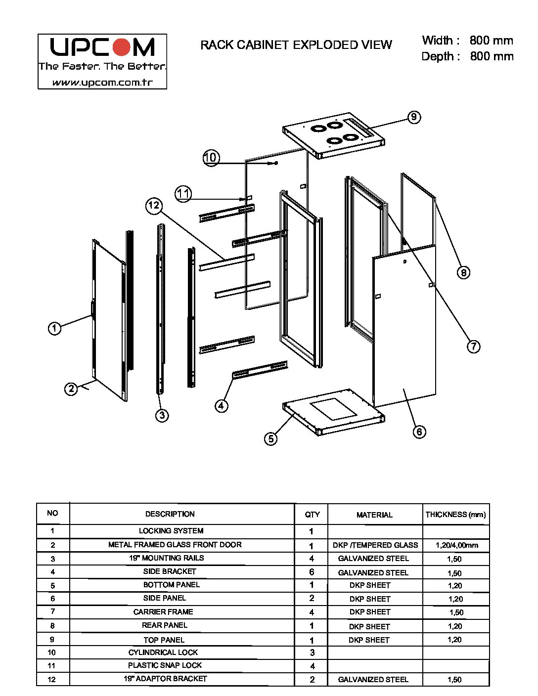 20U 800x800 floor standing rack cabinet technical drawing