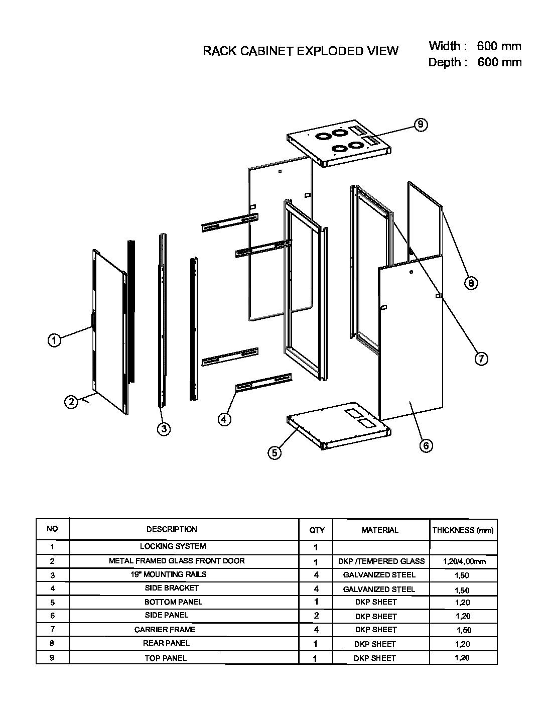25U 600x600 floor standing rack cabinet technical drawing