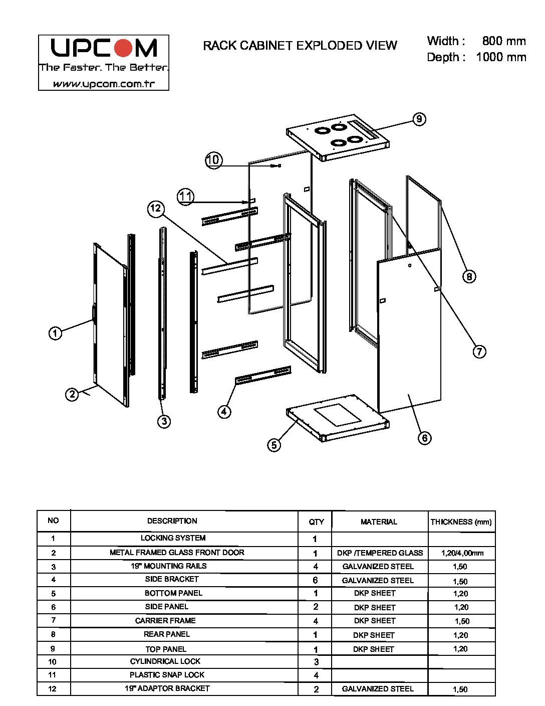 25U 800x1000 floor standing rack cabinet technical drawing
