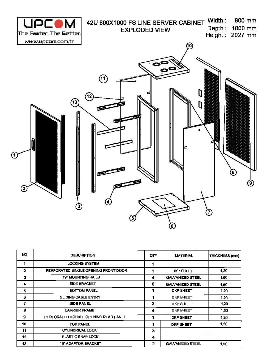 42U 800x1000 server rack cabinet technical drawing