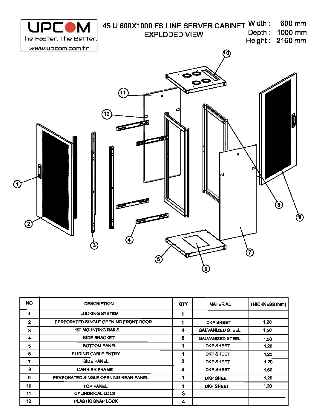 45U 600x1000 server rack cabinet technical drawing