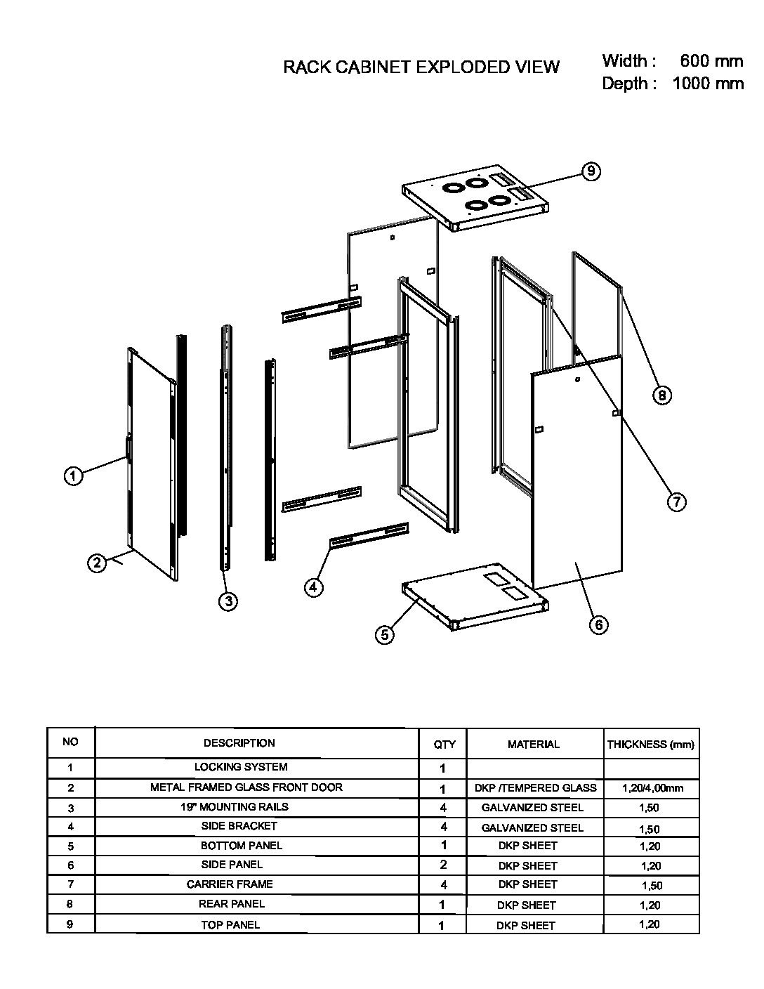 45U 600x1000 floor standing rack cabinet technical drawing