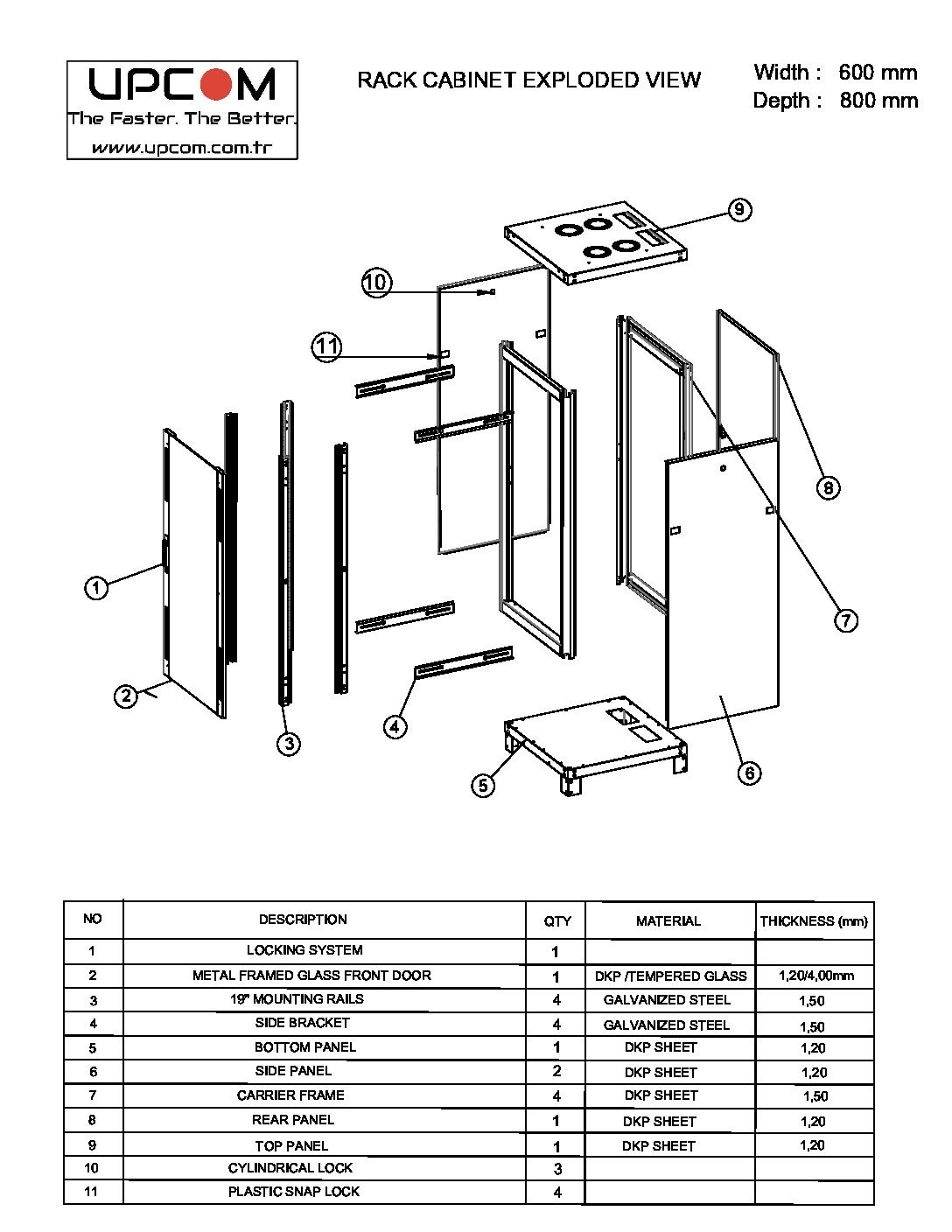 45U 600x800 floor standing rack cabinet technical drawing