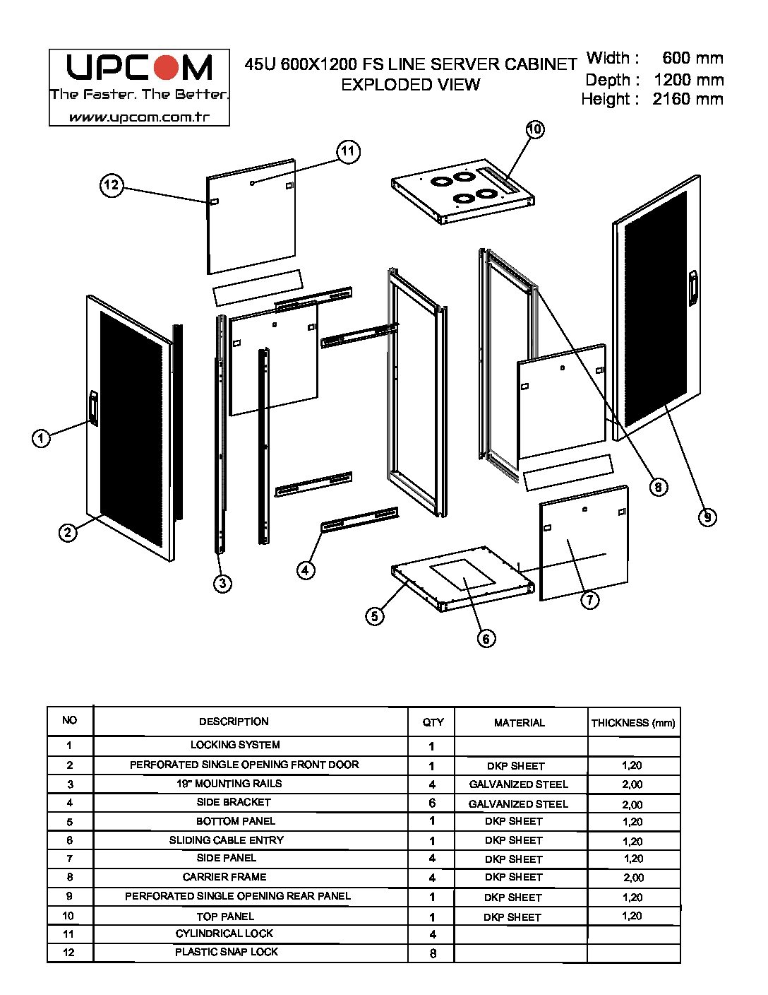 45U 600x1200 server rack cabinet technical drawing