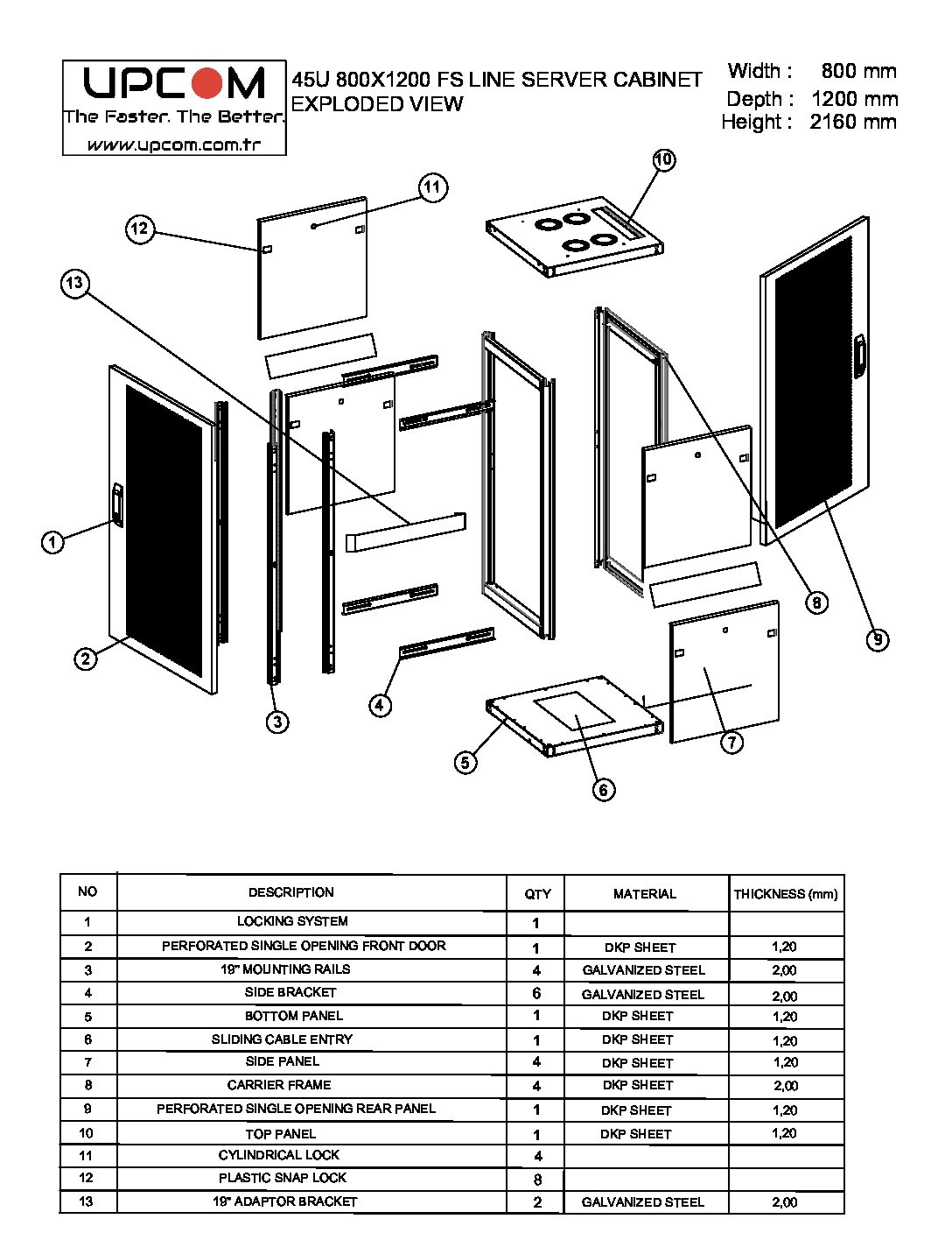 45U 800x1200 server rack cabinet technical drawing