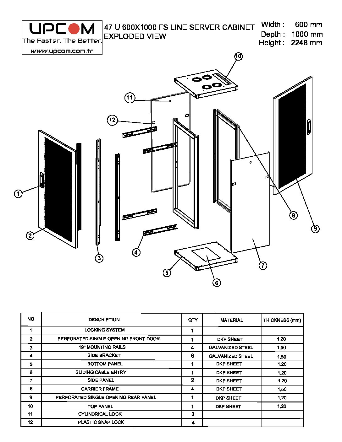 47U 600x1000 server rack cabinet technical drawing