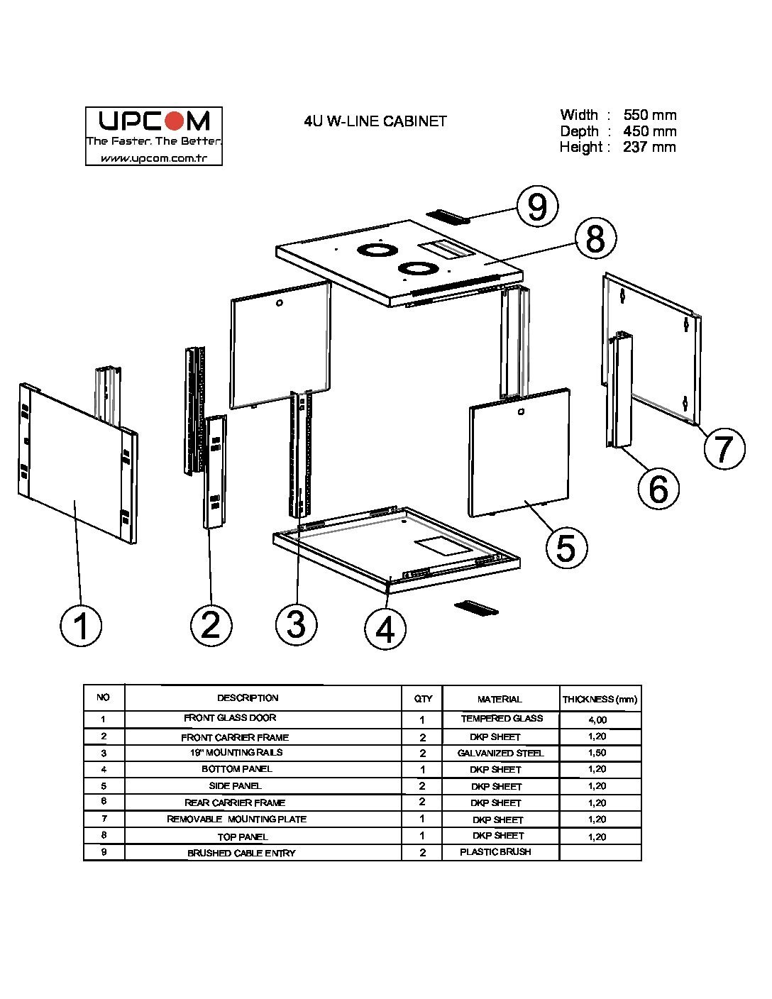 4U 550x450 wall mount rack cabinet technical drawing