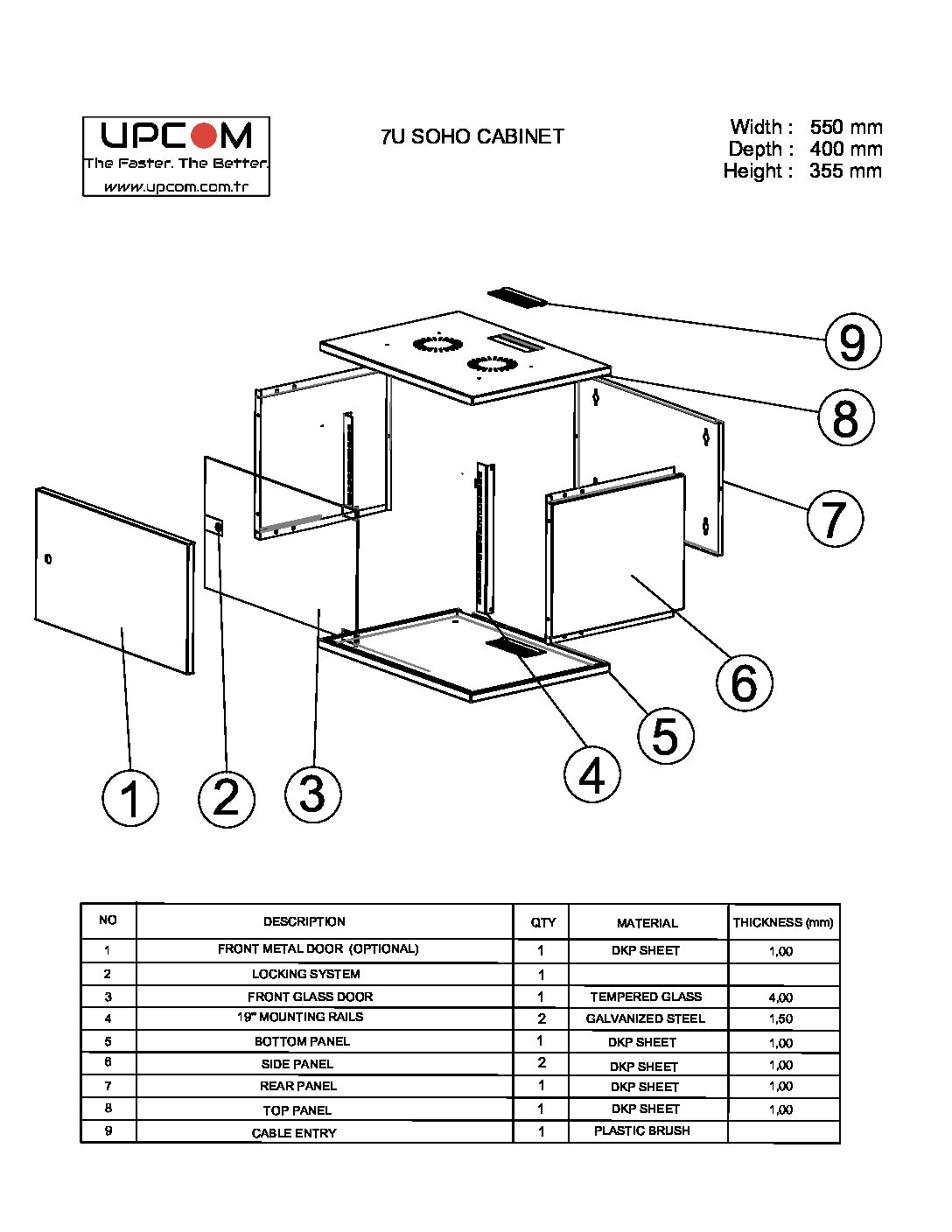7U 550x400 wall mount rack cabinet technical drawing