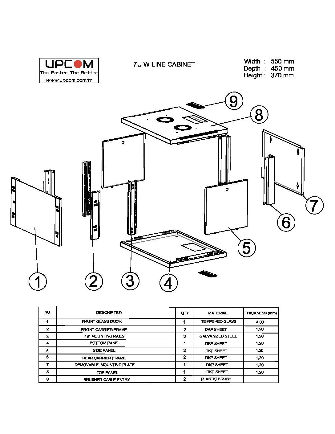 7U 550x450 wall mount rack cabinet technical drawing