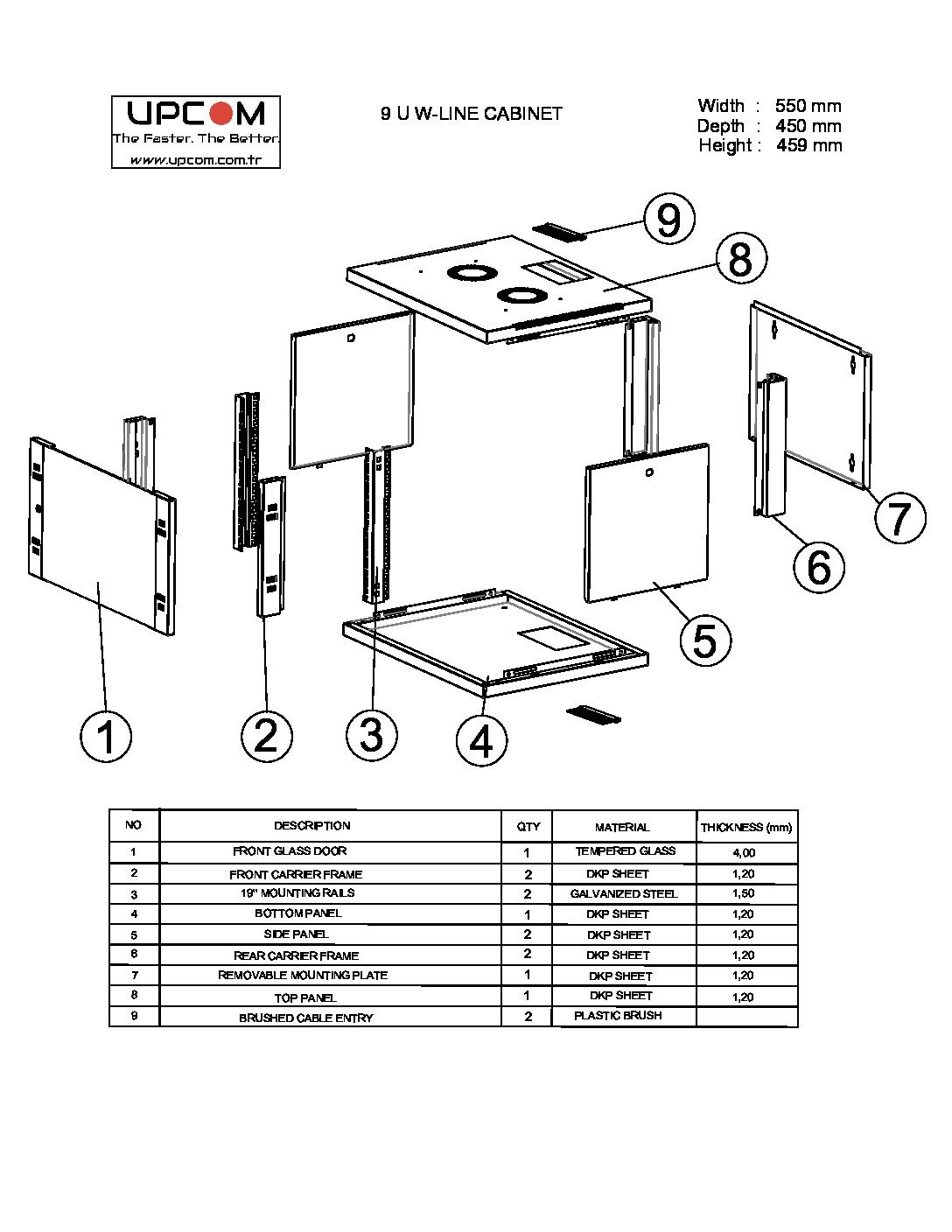 9U 550x450 wall mount rack cabinet technical drawing
