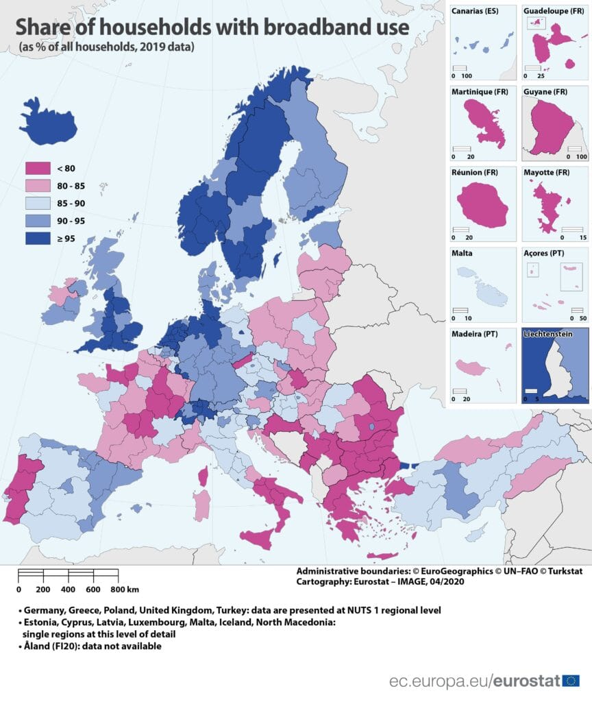 FTTH penetration map of Europe showing high-speed fiber coverage by country.
