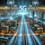 A detailed visualization of 5G-optimized fiber optic networks. The image shows a futuristic urban environment with fiber optic cables running undergro