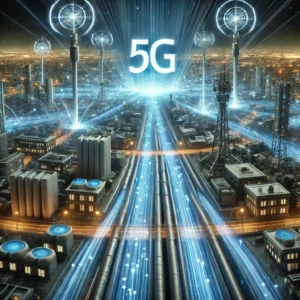 A detailed visualization of 5G-optimized fiber optic networks. The image shows a futuristic urban environment with fiber optic cables running undergro