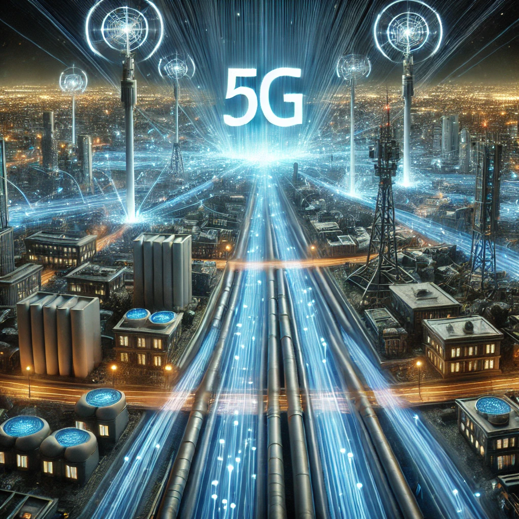 A detailed visualization of 5G-optimized fiber optic networks. The image shows a futuristic urban environment with fiber optic cables running undergro