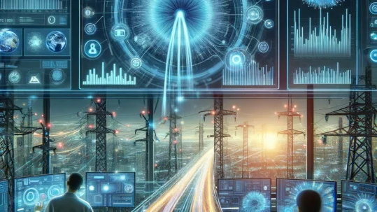 A digital dashboard displaying real-time network analytics with predictive maintenance alerts. Engineers monitor fiber network performance in a high-tech control room. Fiber optic cables with glowing data streams connect smart city infrastructure and 5G towers in the background.