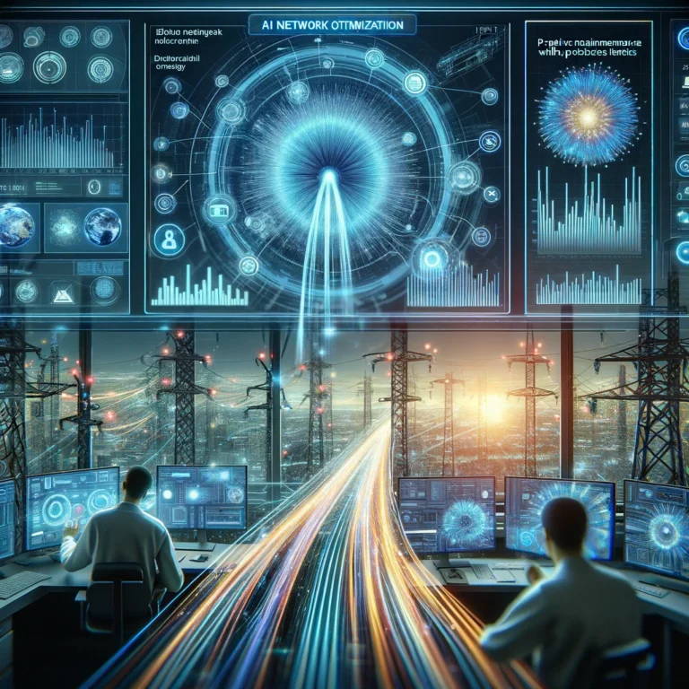 A digital dashboard displaying real-time network analytics with predictive maintenance alerts. Engineers monitor fiber network performance in a high-tech control room. Fiber optic cables with glowing data streams connect smart city infrastructure and 5G towers in the background.