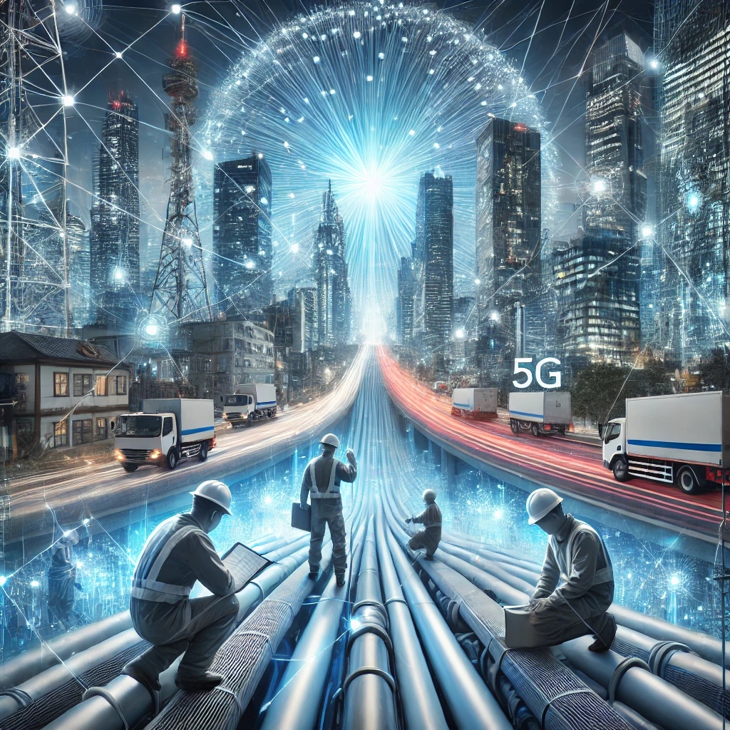 Engineers working on underground fiber optic cables while bright blue and white data streams flow through the network. A futuristic smart city with interconnected buildings, 5G towers, and data centers is visible in the background.