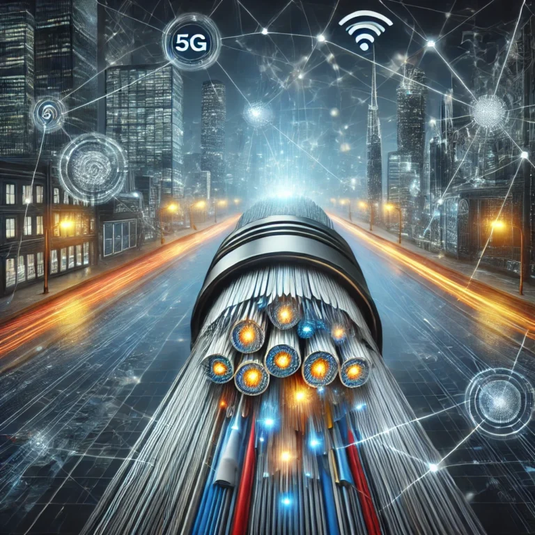 A cross-section of a multi-core fiber optic cable with multiple glowing data pathways transmitting high-speed information. The background features a smart city with interconnected buildings, 5G towers, and a futuristic telecom infrastructure.