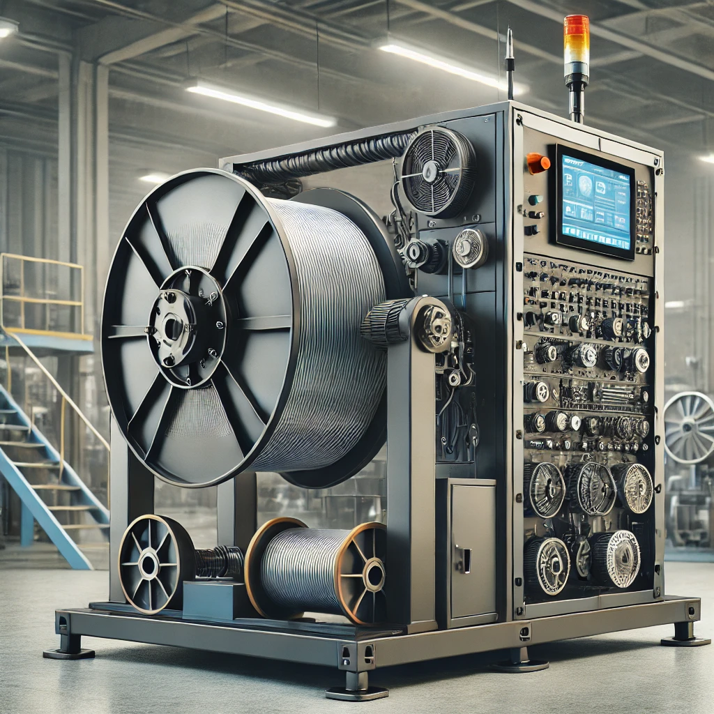 A-professional-industrial-cable-re-spooling-machine-designed-to-transfer-cables-from-one-drum-to-another.-The-machine-features-a-robust-metal-frame.