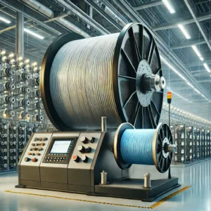 A-professional-grade-cable-spooling-machine-with-a-large-drum-transferring-electrical-cables-onto-a-smaller-drum.-The-machine-is-equipped-with-precision.