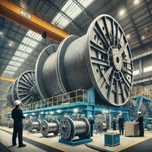 A-heavy-duty-cable-spooling-machine-designed-for-industrial-applications-spooling-thick-armored-cables-onto-massive-reels.-The-machine-is-placed.