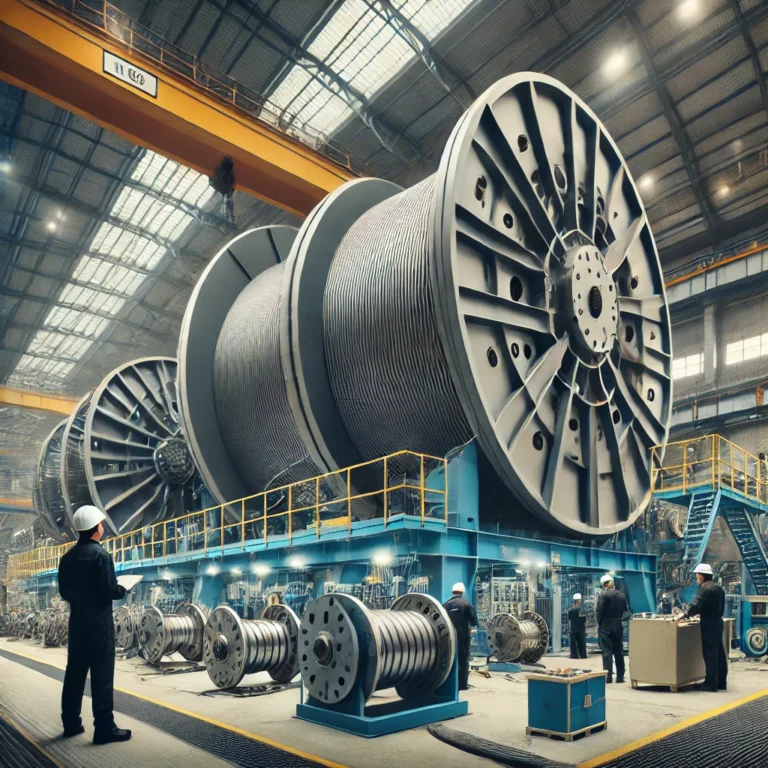 A-heavy-duty-cable-spooling-machine-designed-for-industrial-applications-spooling-thick-armored-cables-onto-massive-reels.-The-machine-is-placed.