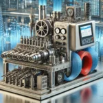 A high-tech illustration of a fiber optic cable blowing machine. The machine is detailed.
