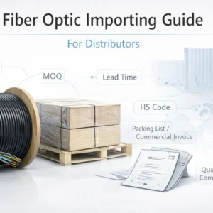 Show a generic fiber optic cable drum/spool, a wooden export pallet with wrapped cartons, and a simplified shipping container in the background (no real company logos, no brand names)