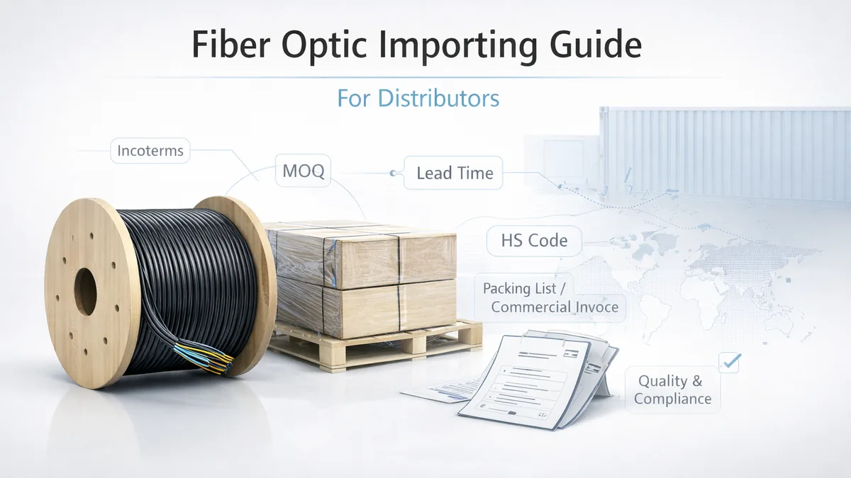 Show a generic fiber optic cable drum/spool, a wooden export pallet with wrapped cartons, and a simplified shipping container in the background (no real company logos, no brand names)