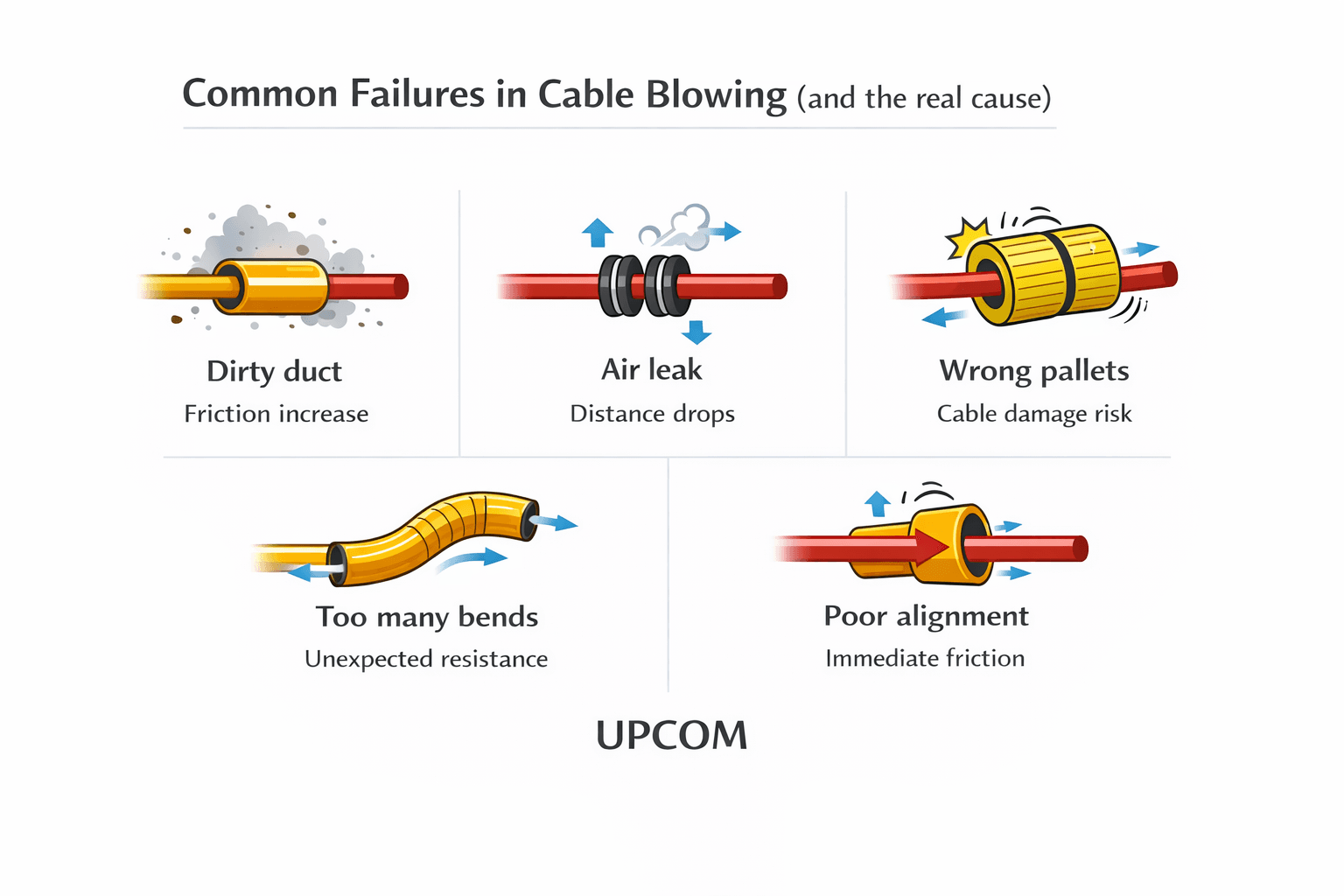 Common failures in cable blowing infographic: dirty duct, air leaks, wrong pallets, too many bends, and poor alignment with real causes.