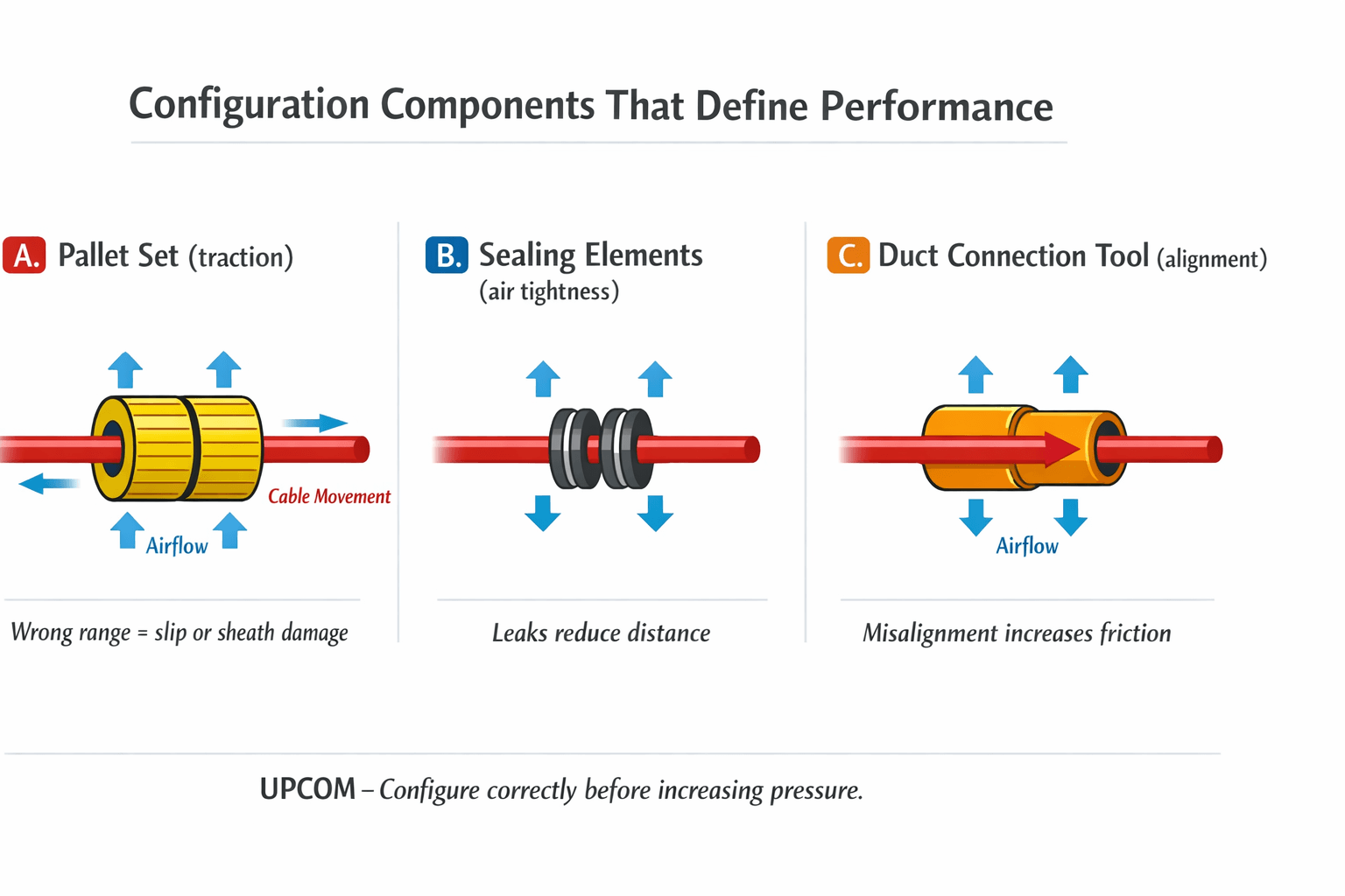 Infographic showing cable blowing machine configuration components: pallet set for traction, sealing elements for air tightness, and duct connection tool for alignment.