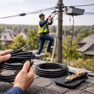 FTTH field installation scene with drop cable variants, aerial and indoor routing context, telecom technician hands visible, photorealistic, premium industrial B2B aesthetic, clean lighting, realistic materials, no text ov