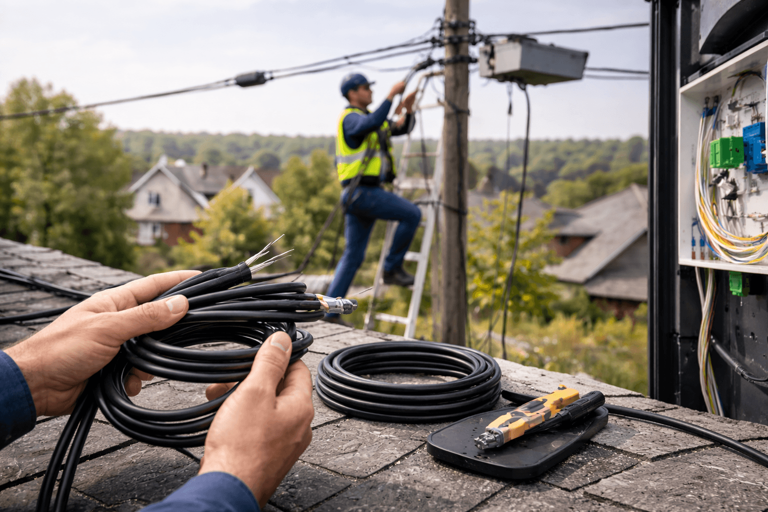 FTTH field installation scene with drop cable variants, aerial and indoor routing context, telecom technician hands visible, photorealistic, premium industrial B2B aesthetic, clean lighting, realistic materials, no text ov