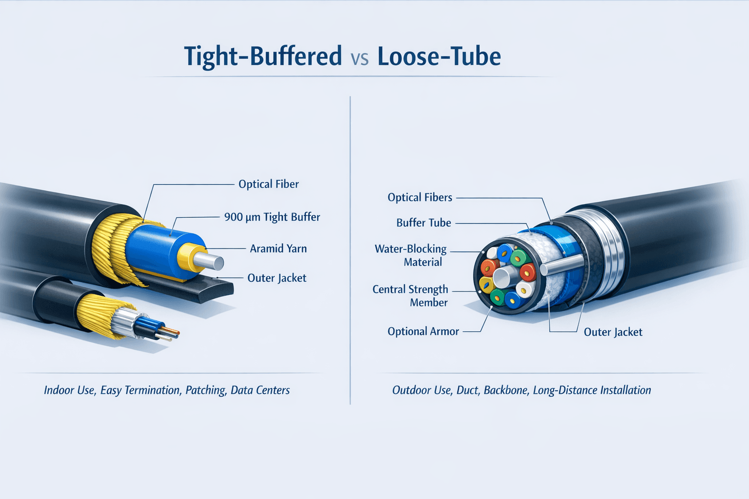 Comparison of tight-buffered and loose-tube fiber optic cable construction for indoor and outdoor applications
