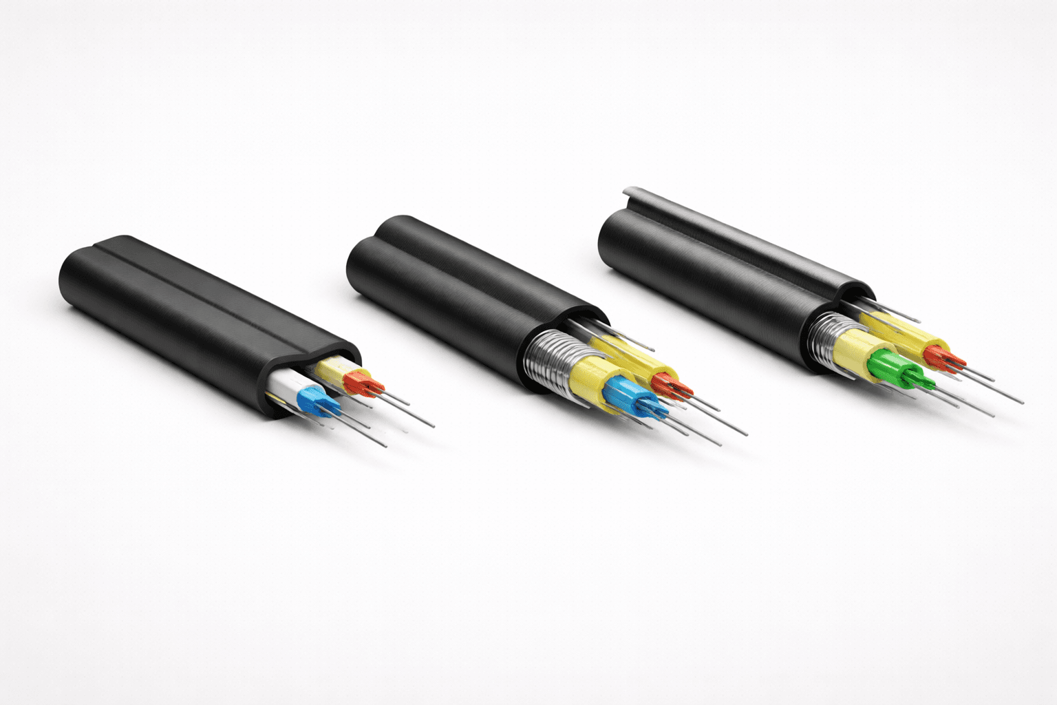 Comparison of FTTH drop cable constructions showing flat dielectric, metallic armored and supported variants