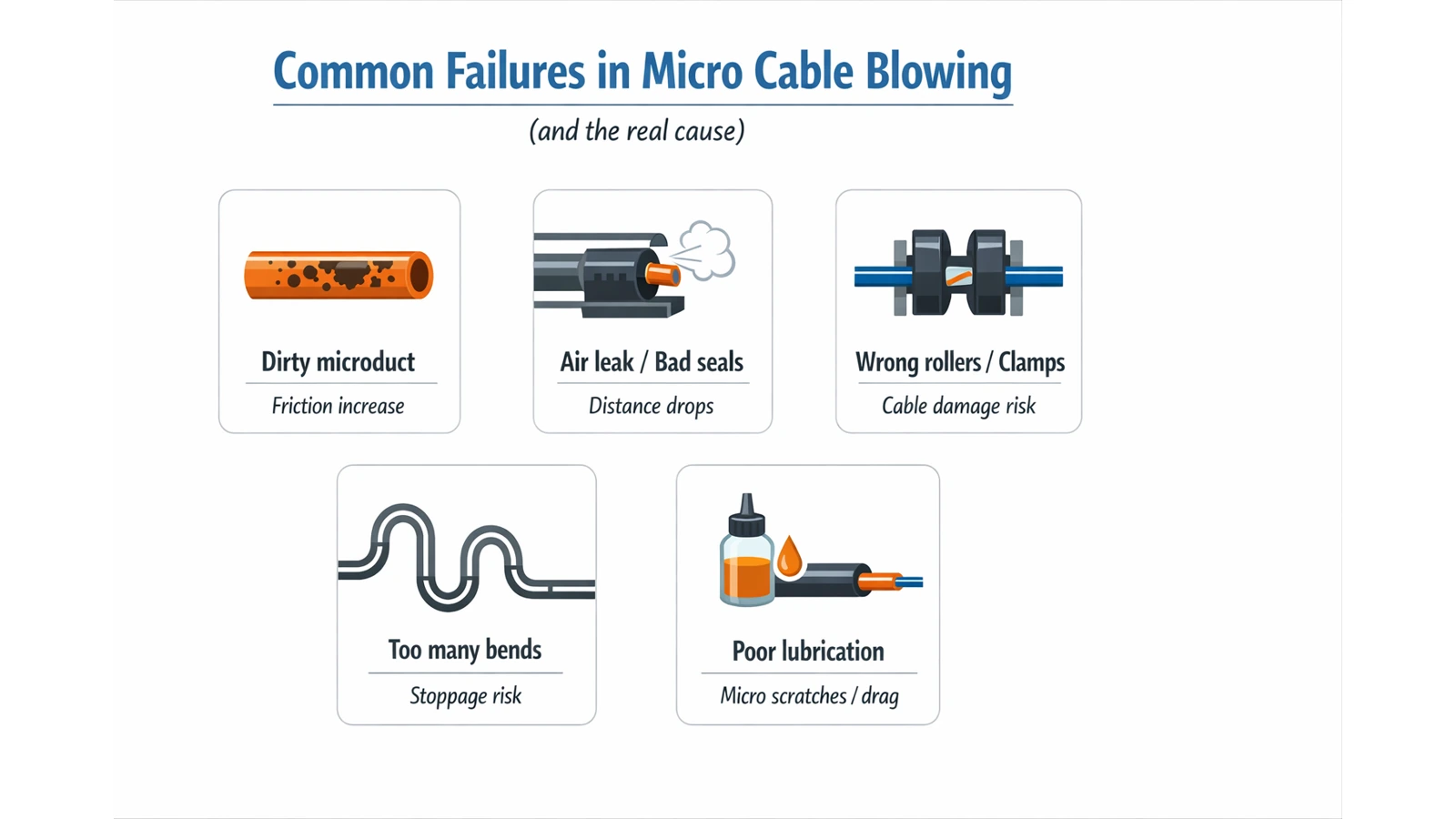 Common failures in micro cable blowing infographic: dirty microduct, air leaks, wrong rollers, too many bends, poor lubrication