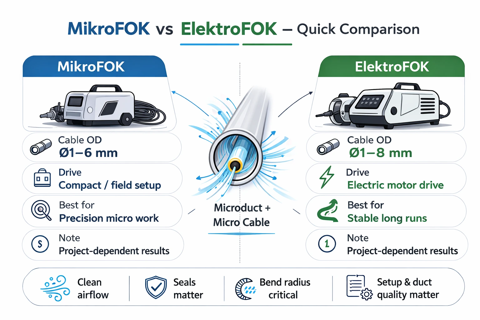 MikroFOK vs ElektroFOK quick comparison infographic for micro cable blowing machine selection