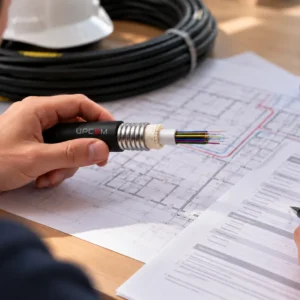 Engineer comparing a UPCOM armored fiber cable sample with project documentation